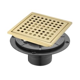 6 Inch Square Shower Drain With Removable Square Patterned Grate, 304 Stainless Steel With Flange And Hair Strainer, Brushed Gold (Option: defaulttitle)