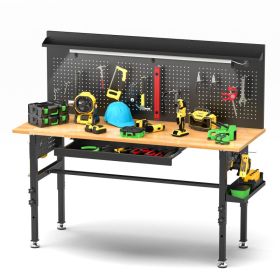 60in  Workbench With Drawers ,Solid Wood Top, 2000 Lbs Capacity, Adjustable Height Garage Work Table With Power Outlet, LED Light, Wheels Or Leve (Option: Black)